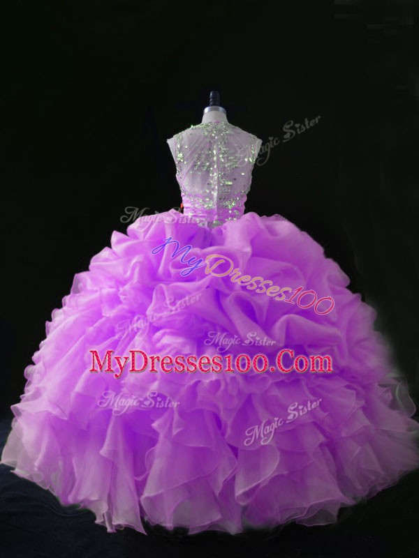 Smart Lilac Ball Gowns Straps Sleeveless Organza Floor Length Zipper Sequins and Pick Ups Quinceanera Dress