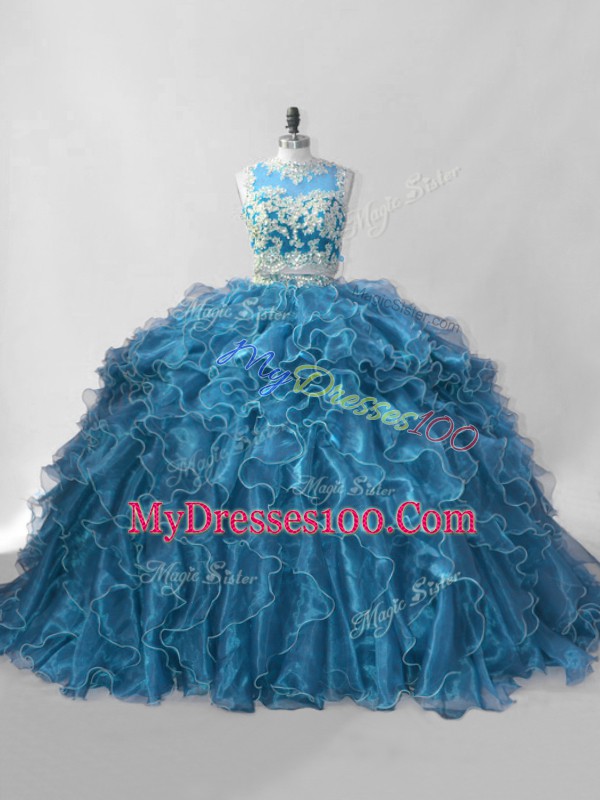 Dramatic Organza Sleeveless Quinceanera Dress Brush Train and Beading and Ruffles