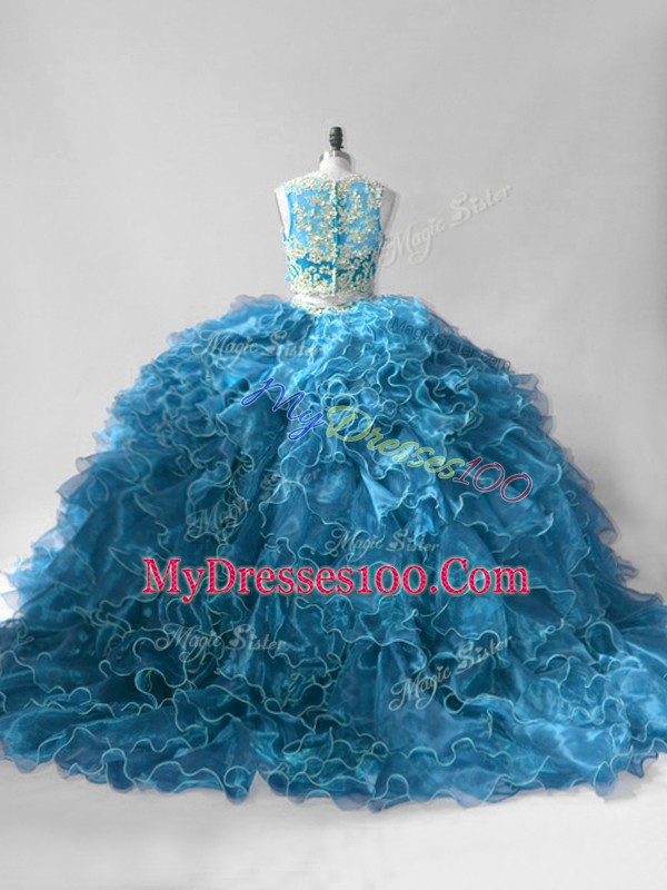 Dramatic Organza Sleeveless Quinceanera Dress Brush Train and Beading and Ruffles