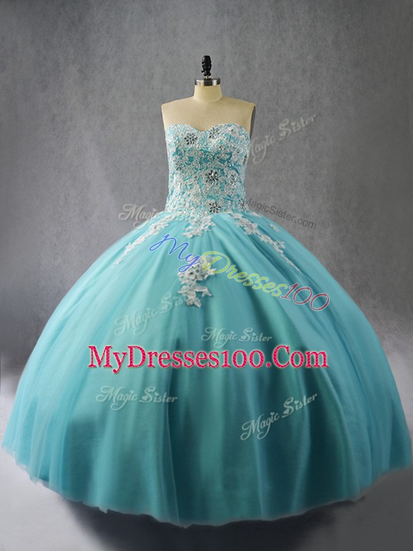 Organza Halter Top Sleeveless Lace Up Appliques Sweet 16 Quinceanera Dress in Blue