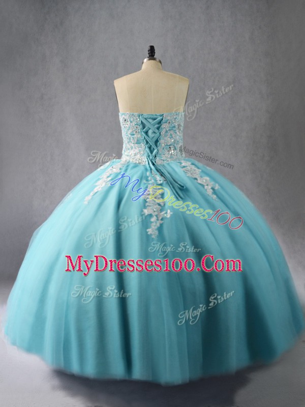 Organza Halter Top Sleeveless Lace Up Appliques Sweet 16 Quinceanera Dress in Blue
