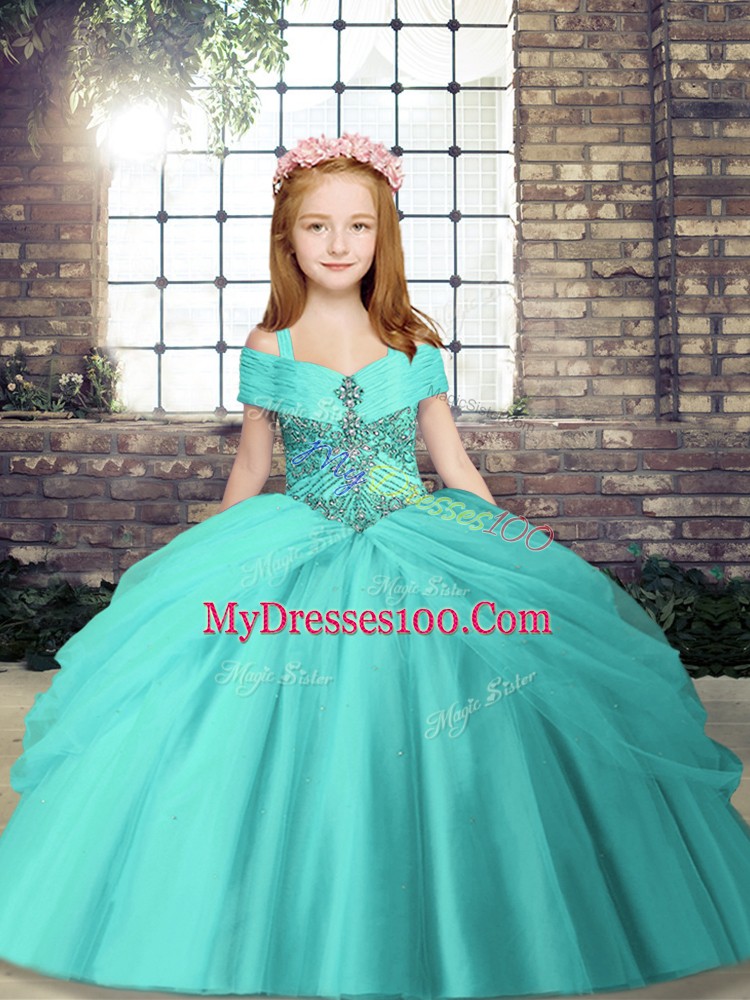 Aqua Blue Straps Lace Up Beading Evening Gowns Sleeveless