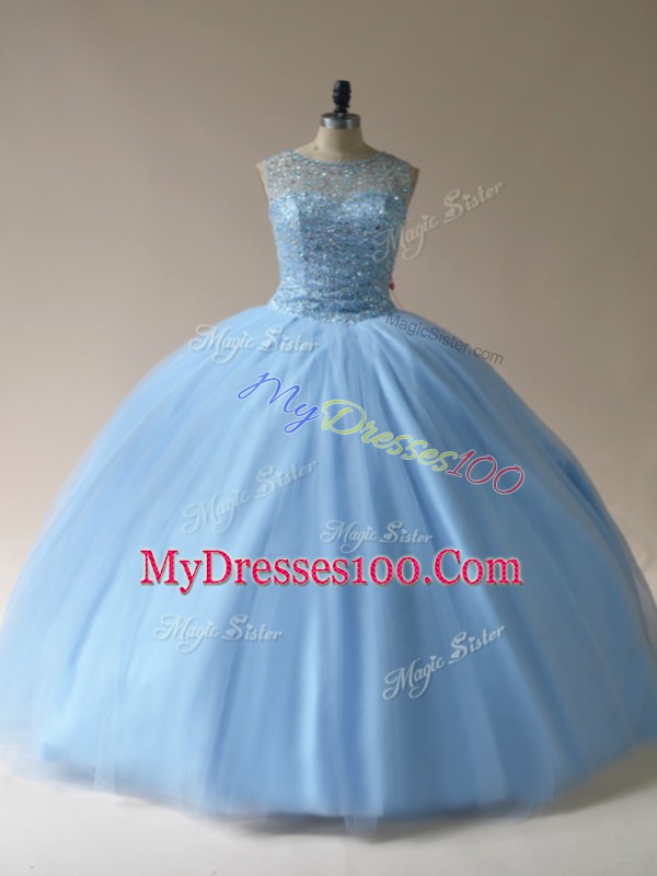 Dramatic Light Blue Lace Up Scoop Beading Vestidos de Quinceanera Tulle Sleeveless