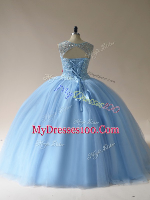 Dramatic Light Blue Lace Up Scoop Beading Vestidos de Quinceanera Tulle Sleeveless