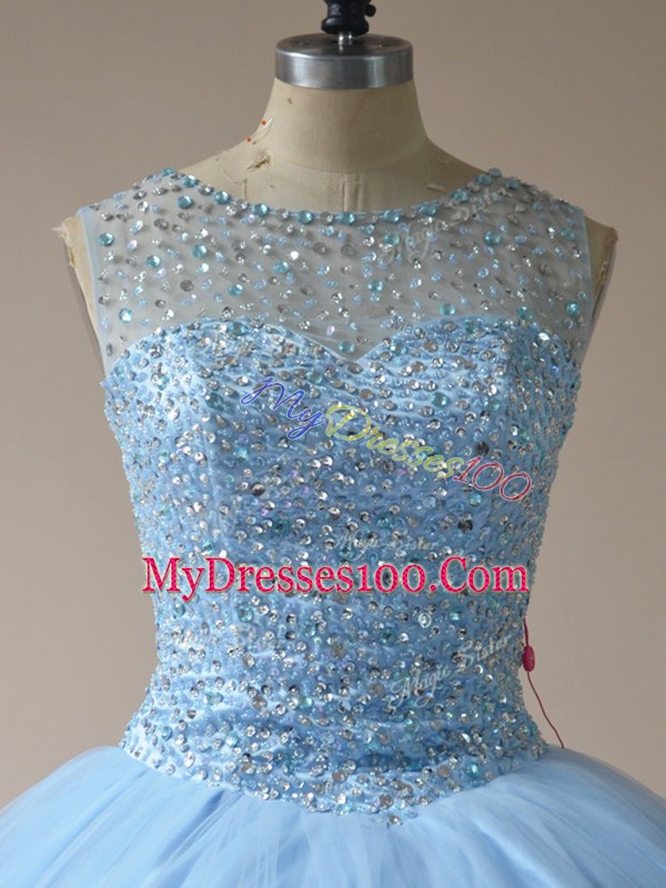 Dramatic Light Blue Lace Up Scoop Beading Vestidos de Quinceanera Tulle Sleeveless