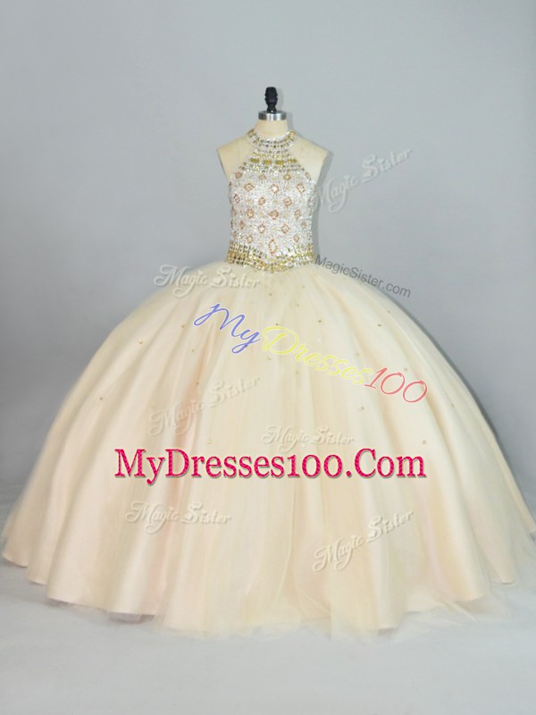 Champagne Lace Up Quinceanera Dresses Beading Sleeveless Floor Length