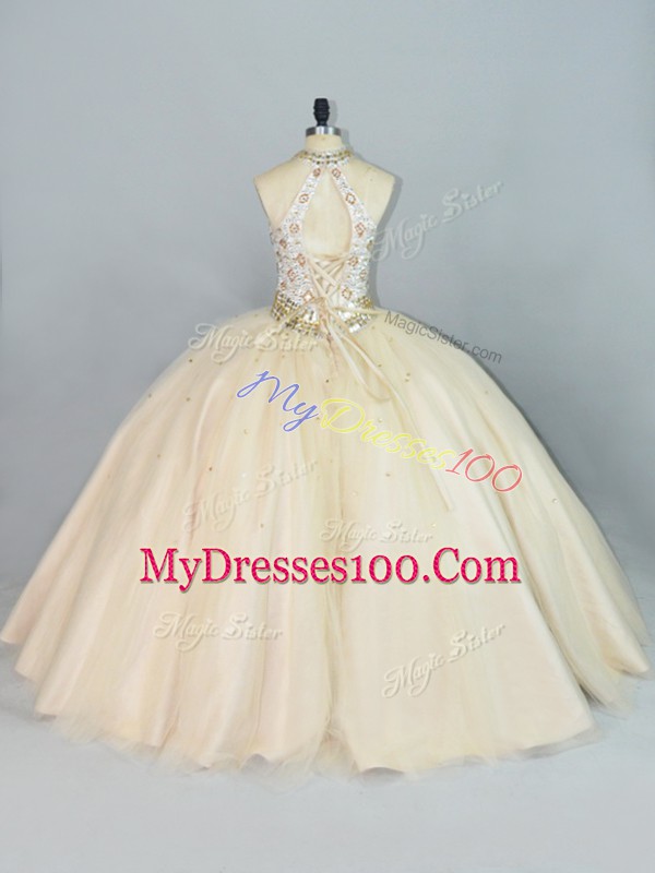 Champagne Lace Up Quinceanera Dresses Beading Sleeveless Floor Length