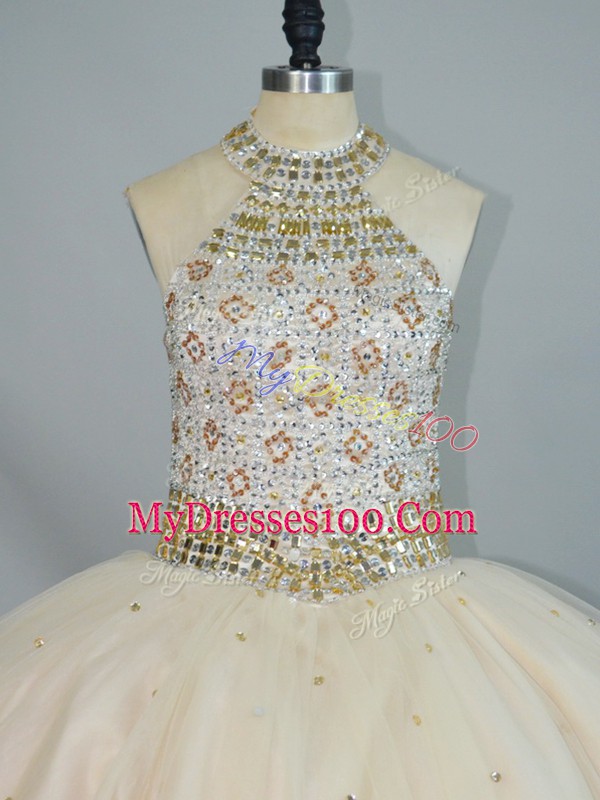 Champagne Lace Up Quinceanera Dresses Beading Sleeveless Floor Length