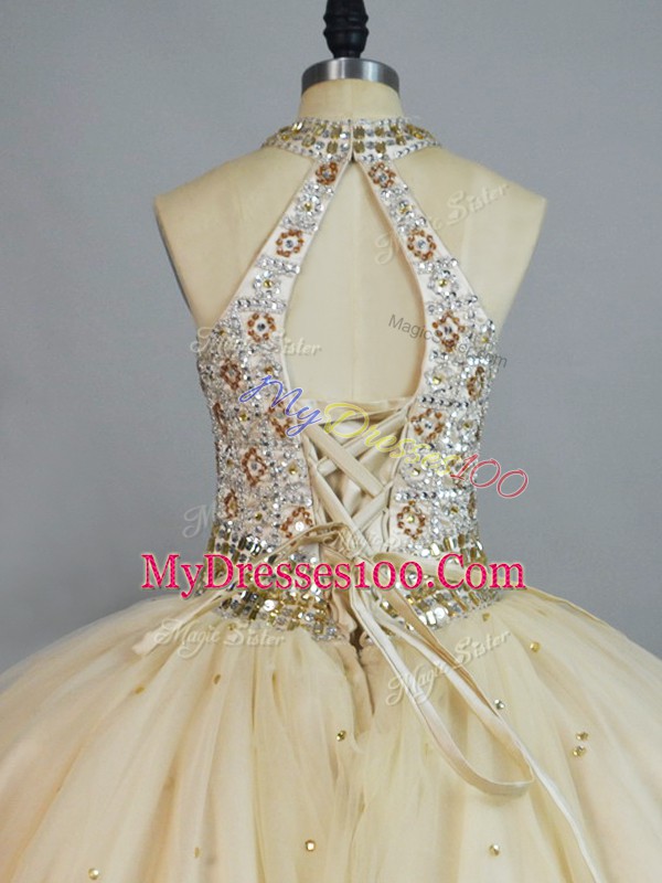 Champagne Lace Up Quinceanera Dresses Beading Sleeveless Floor Length