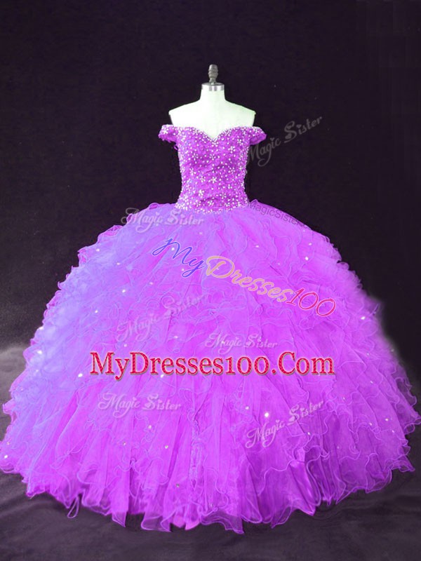 Ball Gowns Quinceanera Dress Purple Off The Shoulder Tulle Sleeveless Floor Length Lace Up