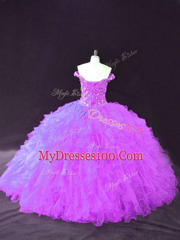 Ball Gowns Quinceanera Dress Purple Off The Shoulder Tulle Sleeveless Floor Length Lace Up