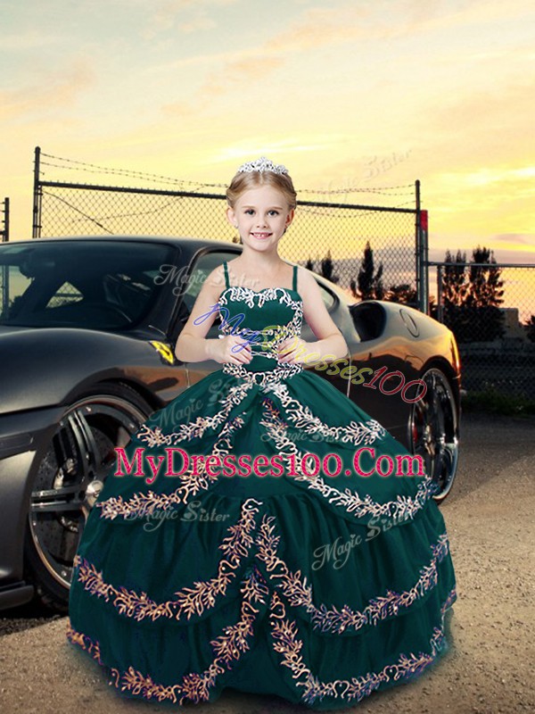 Great Teal Straps Neckline Embroidery Kids Pageant Dress Sleeveless Lace Up