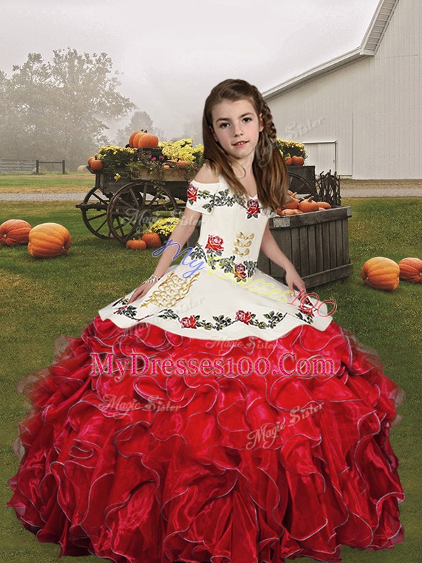 Ball Gowns Child Pageant Dress Red Straps Organza Sleeveless Floor Length Lace Up