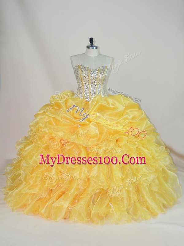 Floor Length Gold Ball Gown Prom Dress Sweetheart Sleeveless Lace Up