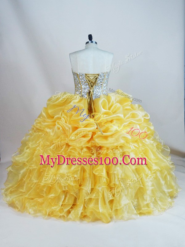Floor Length Gold Ball Gown Prom Dress Sweetheart Sleeveless Lace Up