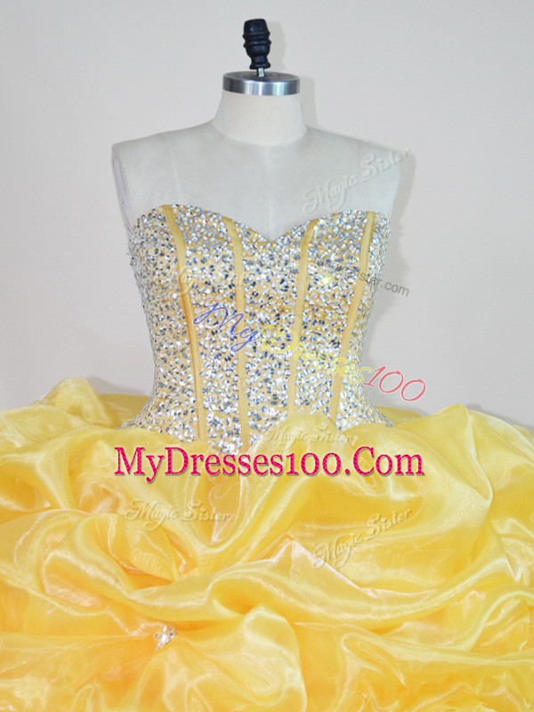 Floor Length Gold Ball Gown Prom Dress Sweetheart Sleeveless Lace Up