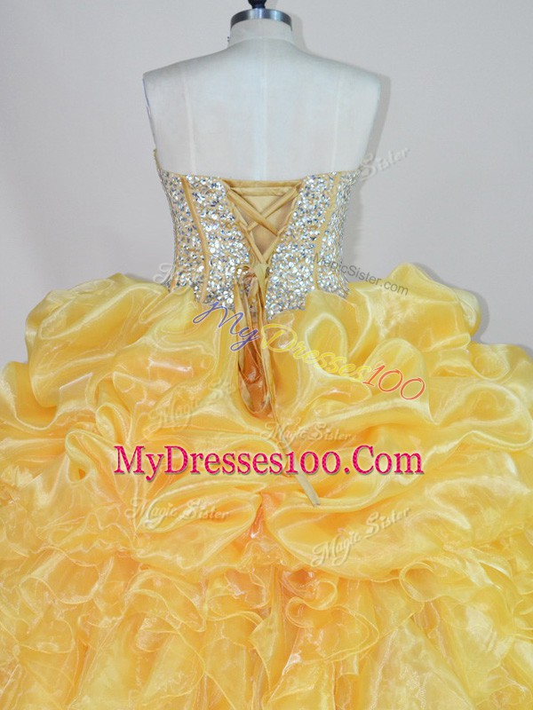Floor Length Gold Ball Gown Prom Dress Sweetheart Sleeveless Lace Up