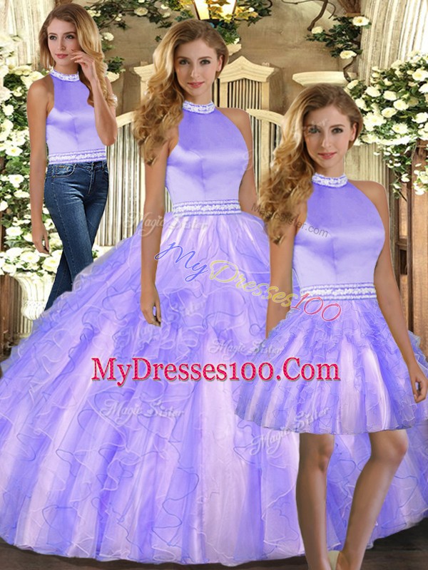 Sleeveless Floor Length Beading and Ruffles Backless Quinceanera Dresses with Lavender