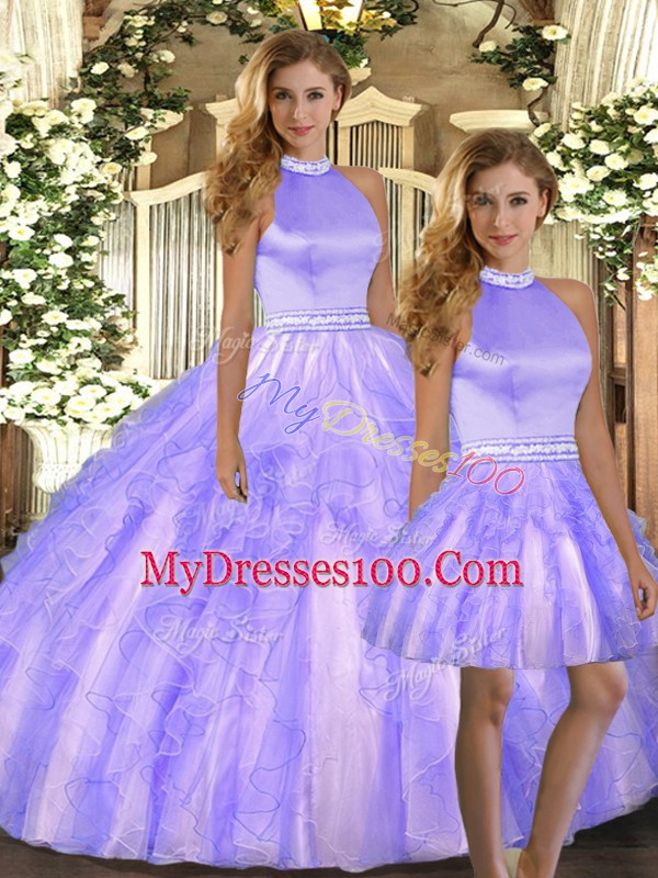 Sleeveless Floor Length Beading and Ruffles Backless Quinceanera Dresses with Lavender
