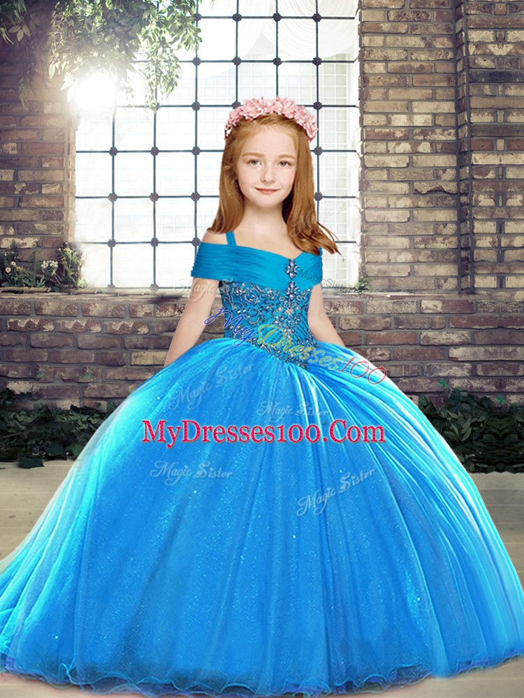 Elegant Baby Blue Ball Gowns Straps Sleeveless Beading Lace Up Little Girls Pageant Dress Wholesale Brush Train