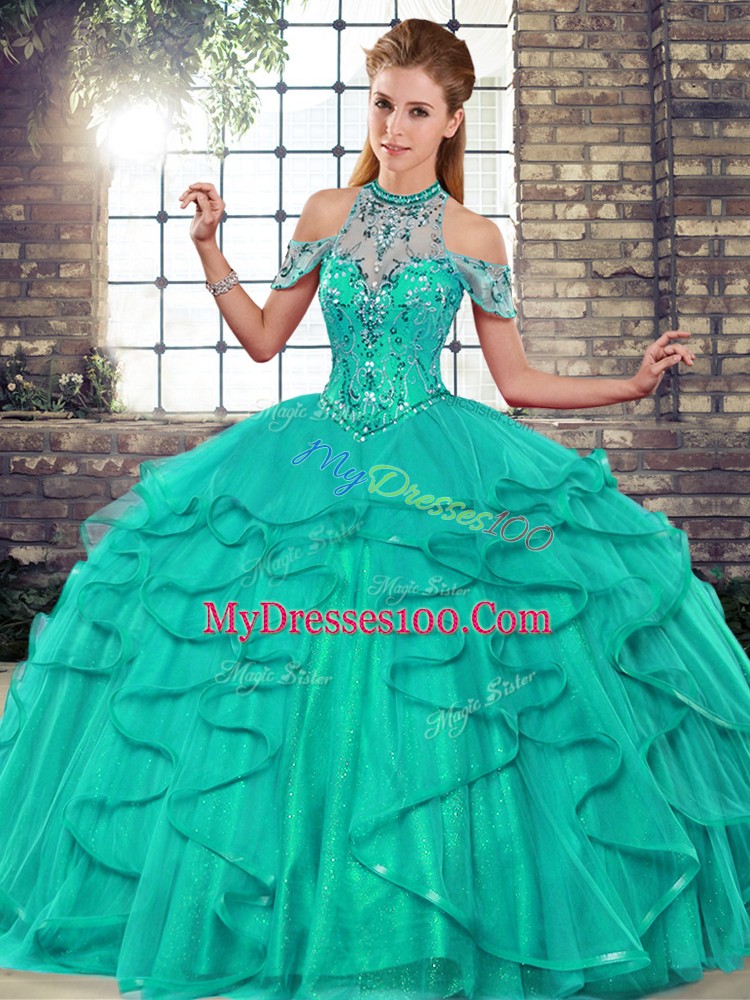Stylish Floor Length Ball Gowns Sleeveless Turquoise Quinceanera Dress Lace Up