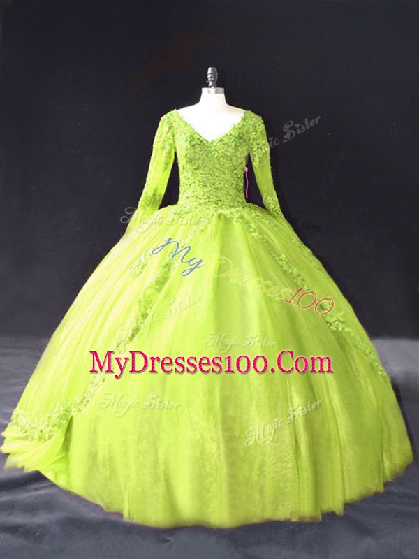 On Sale Yellow Green V-neck Neckline Lace and Appliques Quinceanera Dresses Long Sleeves Lace Up