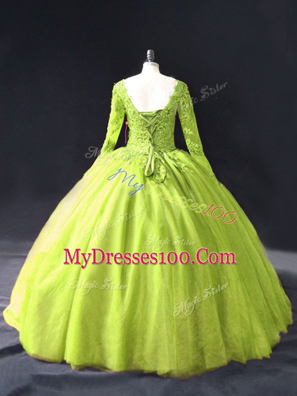 On Sale Yellow Green V-neck Neckline Lace and Appliques Quinceanera Dresses Long Sleeves Lace Up