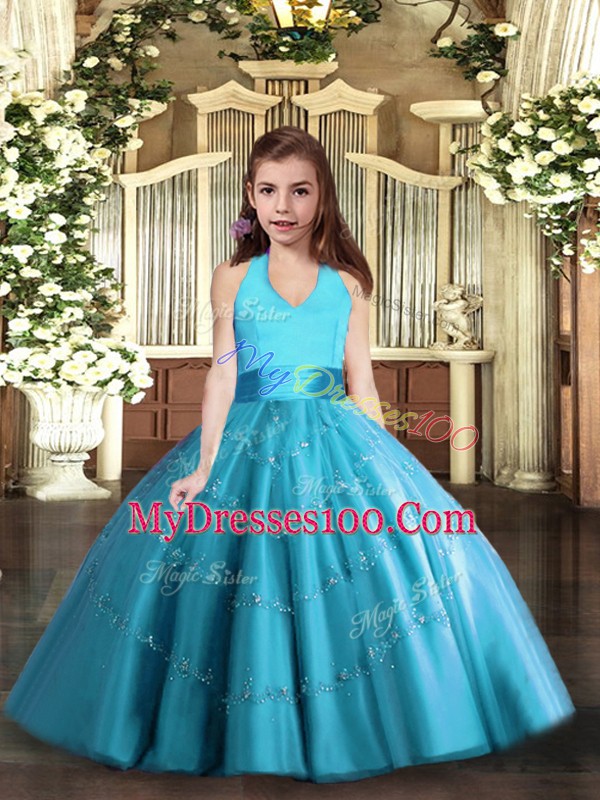 Admirable Sleeveless Tulle Floor Length Lace Up Child Pageant Dress in Baby Blue with Beading