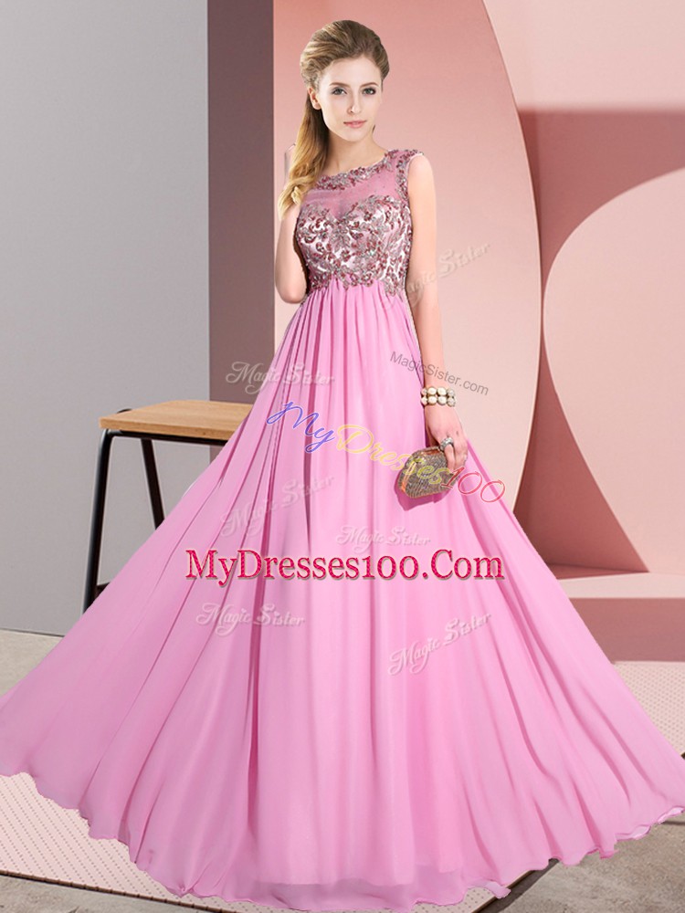 Rose Pink Empire Beading and Appliques Dama Dress for Quinceanera Backless Chiffon Sleeveless Floor Length
