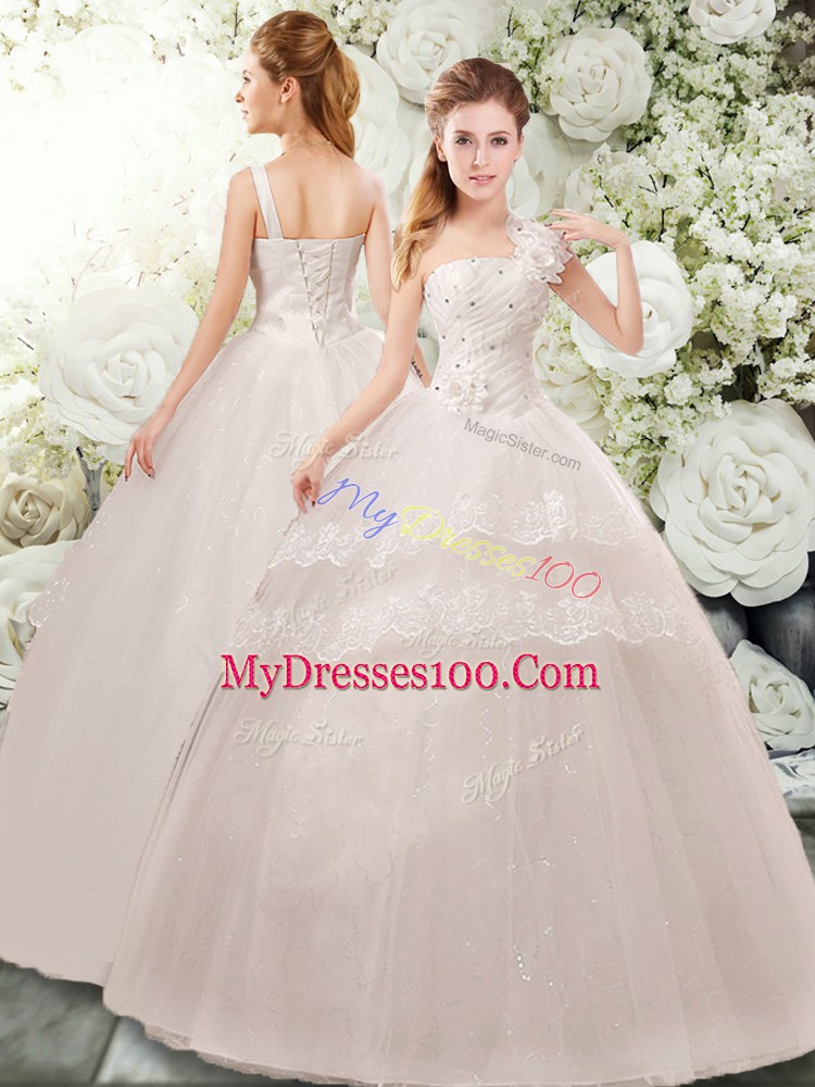 Glorious Sleeveless Beading and Lace and Hand Made Flower Lace Up Wedding Dress
