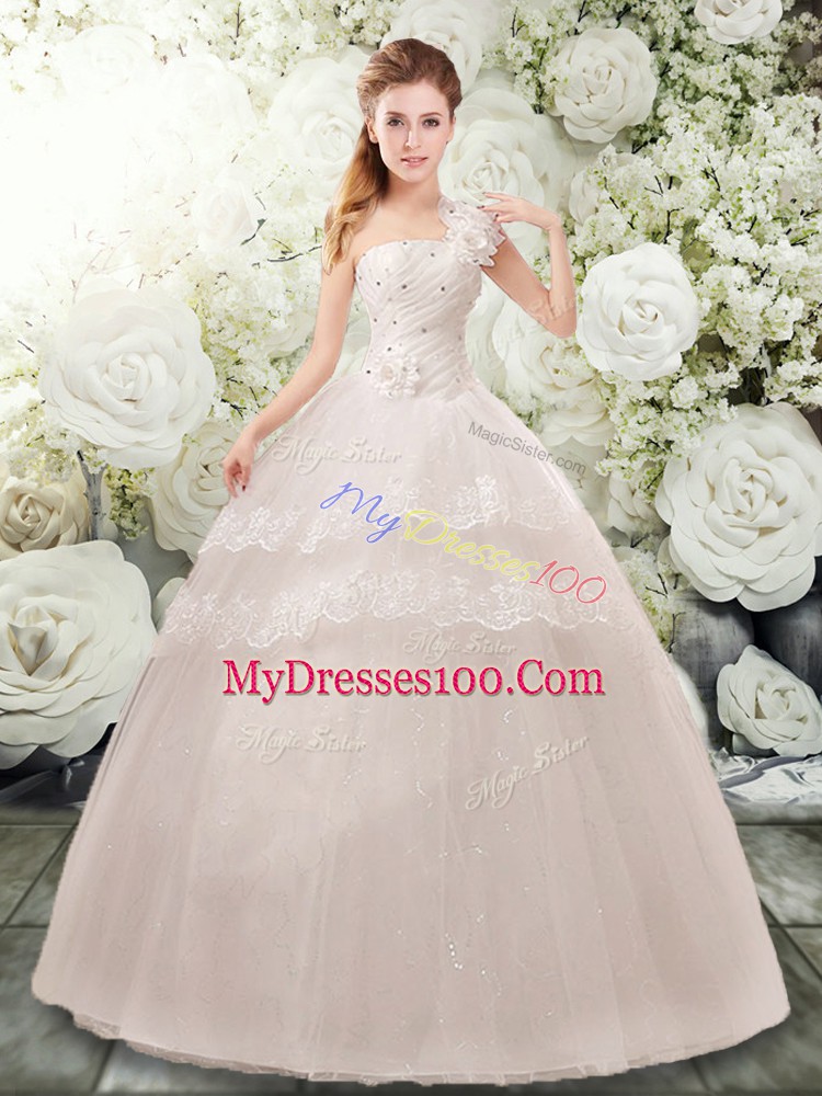 Glorious Sleeveless Beading and Lace and Hand Made Flower Lace Up Wedding Dress