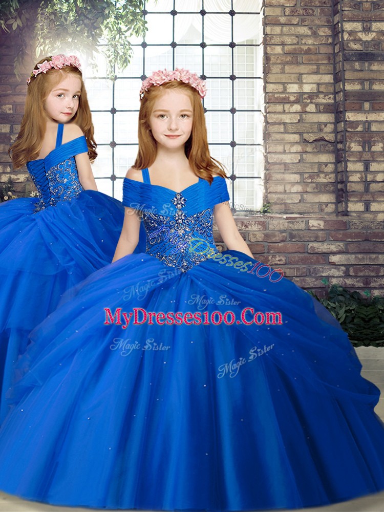 Beautiful Royal Blue Ball Gowns Tulle Off The Shoulder Sleeveless Beading and Pick Ups Lace Up Quinceanera Dress Brush Train