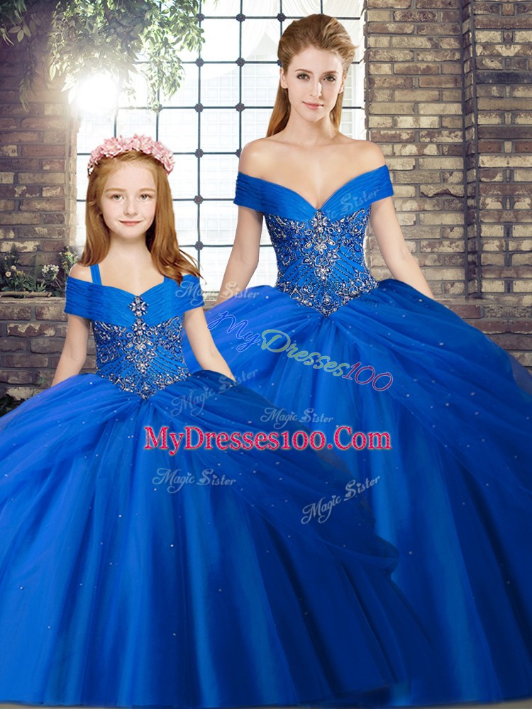 Beautiful Royal Blue Ball Gowns Tulle Off The Shoulder Sleeveless Beading and Pick Ups Lace Up Quinceanera Dress Brush Train