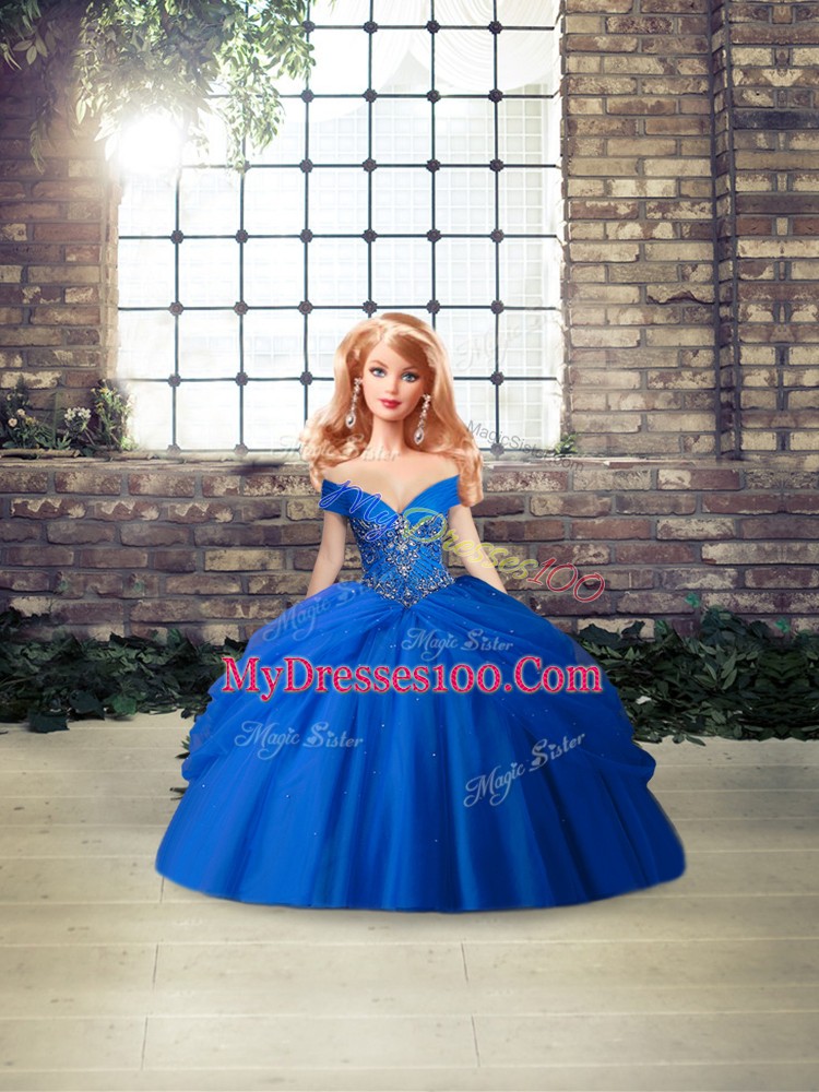 Beautiful Royal Blue Ball Gowns Tulle Off The Shoulder Sleeveless Beading and Pick Ups Lace Up Quinceanera Dress Brush Train