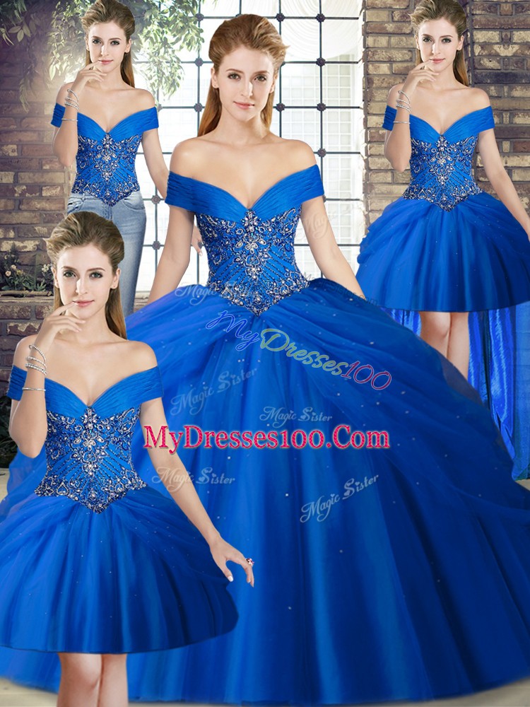 Discount Tulle Off The Shoulder Sleeveless Brush Train Lace Up Beading and Pick Ups Sweet 16 Dresses in Royal Blue
