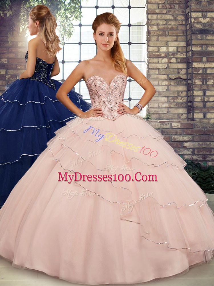 Glorious Peach Ball Gowns Beading and Ruffled Layers Quinceanera Dress Lace Up Tulle Sleeveless
