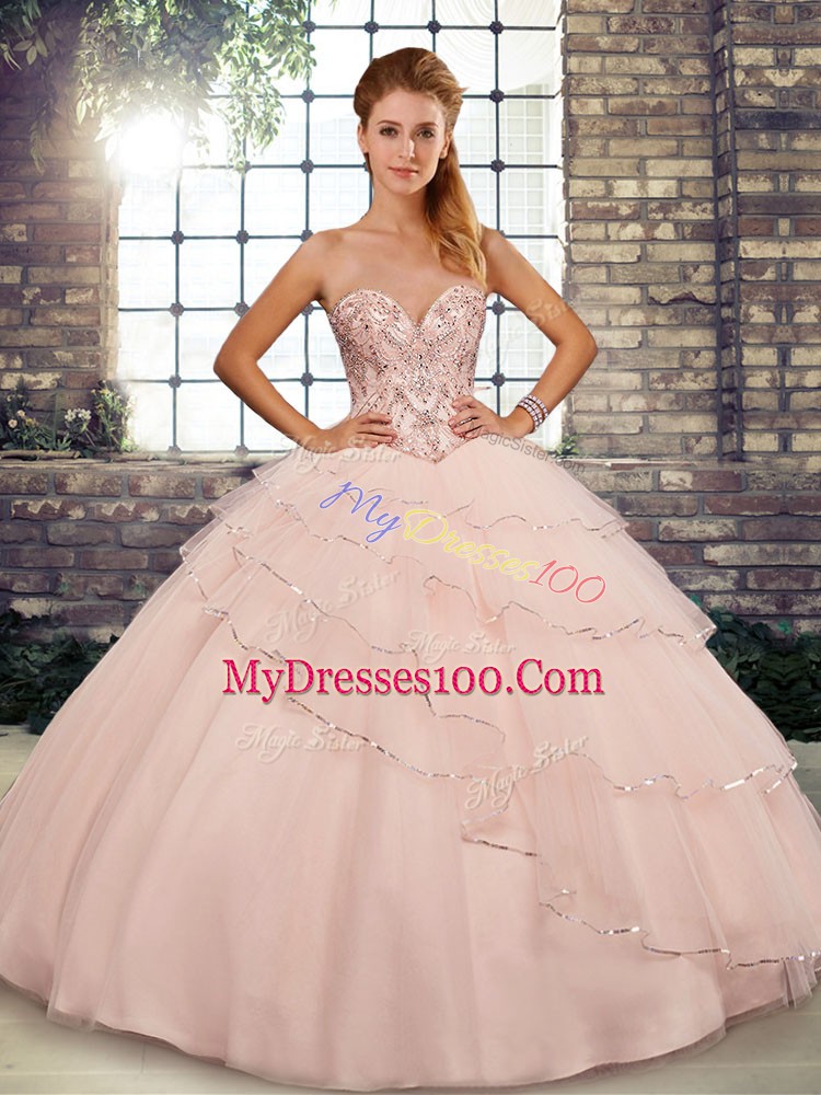 Glorious Peach Ball Gowns Beading and Ruffled Layers Quinceanera Dress Lace Up Tulle Sleeveless