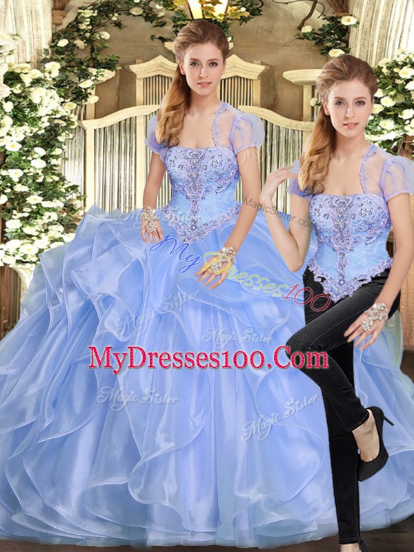 Low Price Sleeveless Organza Floor Length Lace Up Quinceanera Gown in Lavender with Beading and Ruffles