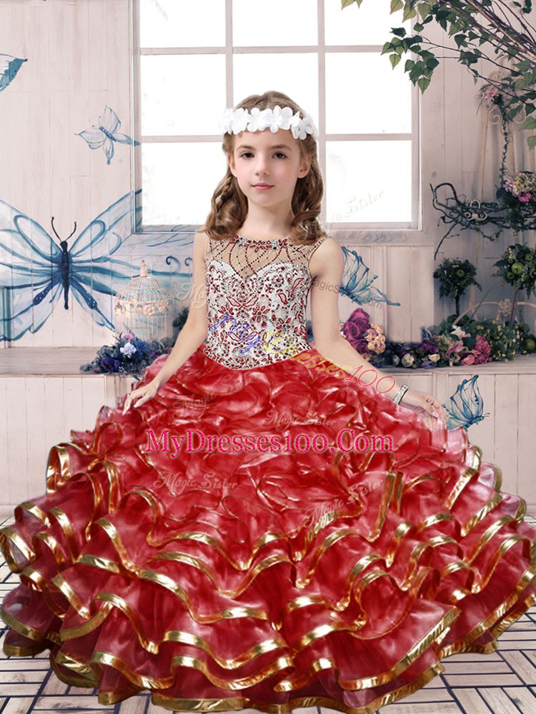 Trendy Red Sleeveless Beading and Ruffles Floor Length Pageant Gowns For Girls