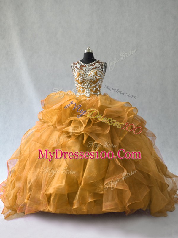 Sleeveless Floor Length Beading and Ruffles Lace Up Quinceanera Dress with Gold