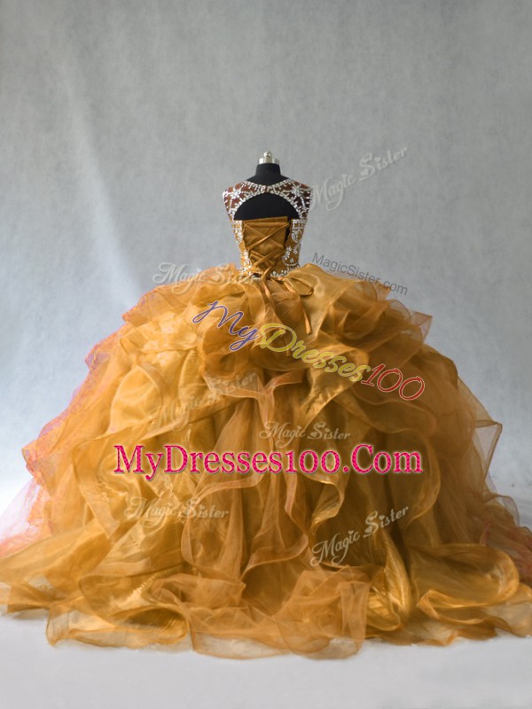 Sleeveless Floor Length Beading and Ruffles Lace Up Quinceanera Dress with Gold