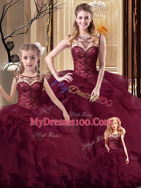 Sleeveless Tulle Brush Train Lace Up 15 Quinceanera Dress in Burgundy with Beading and Ruffles