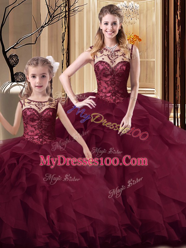 Sleeveless Tulle Brush Train Lace Up 15 Quinceanera Dress in Burgundy with Beading and Ruffles