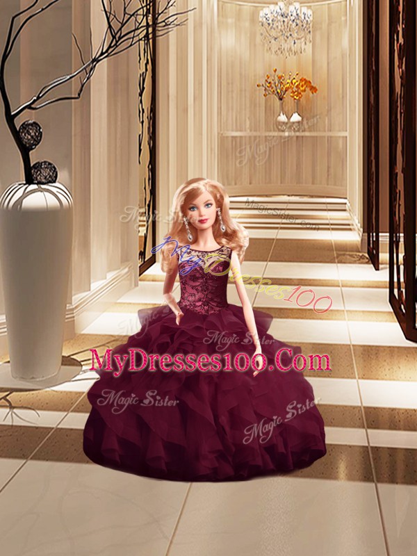 Sleeveless Tulle Brush Train Lace Up 15 Quinceanera Dress in Burgundy with Beading and Ruffles