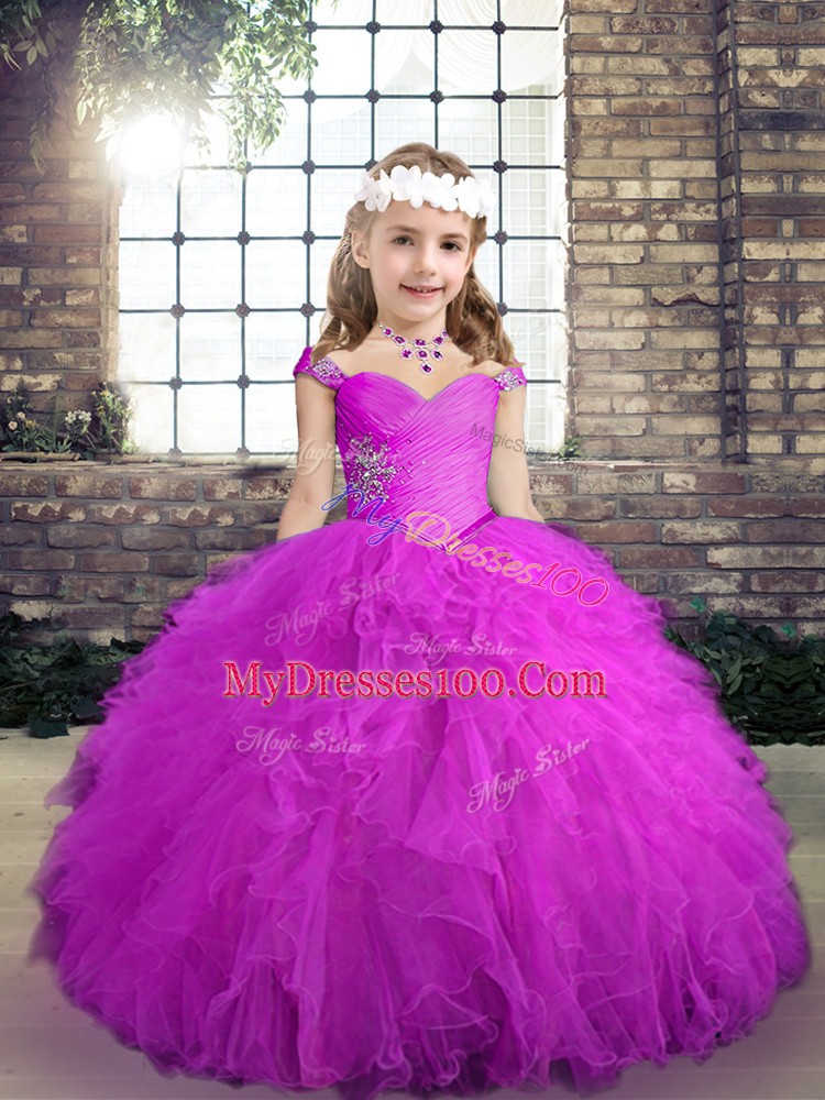 Floor Length Fuchsia Pageant Dress for Womens Straps Sleeveless Lace Up