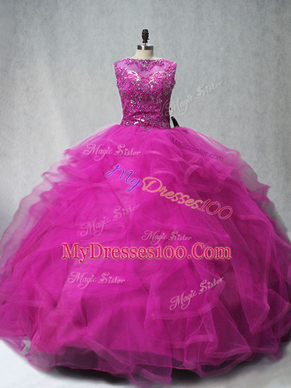 Brush Train Ball Gowns Quinceanera Gown Fuchsia Scoop Tulle Sleeveless Lace Up