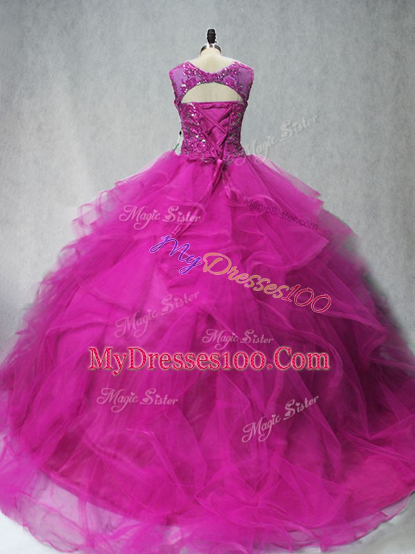 Brush Train Ball Gowns Quinceanera Gown Fuchsia Scoop Tulle Sleeveless Lace Up