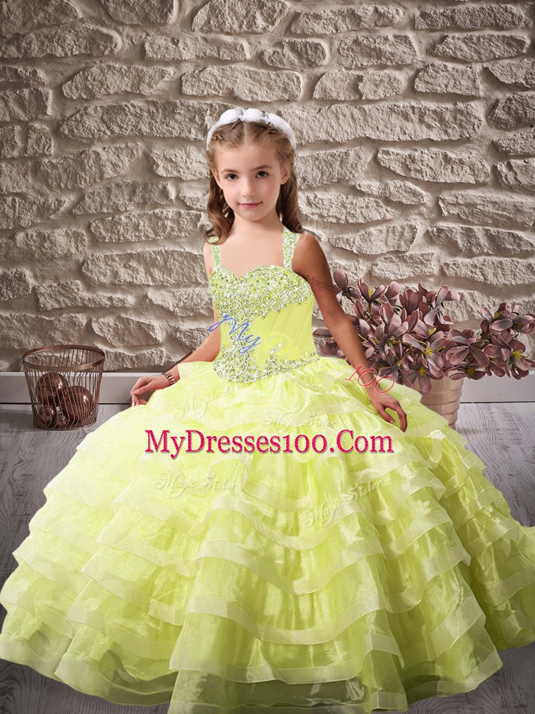 Stylish Straps Sleeveless Organza Pageant Gowns For Girls Beading and Ruffled Layers Brush Train Lace Up