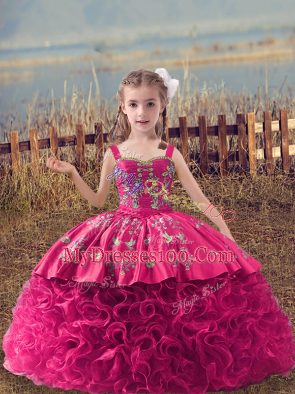 Best Sleeveless Fabric With Rolling Flowers Sweep Train Lace Up Little Girls Pageant Gowns in Hot Pink with Embroidery