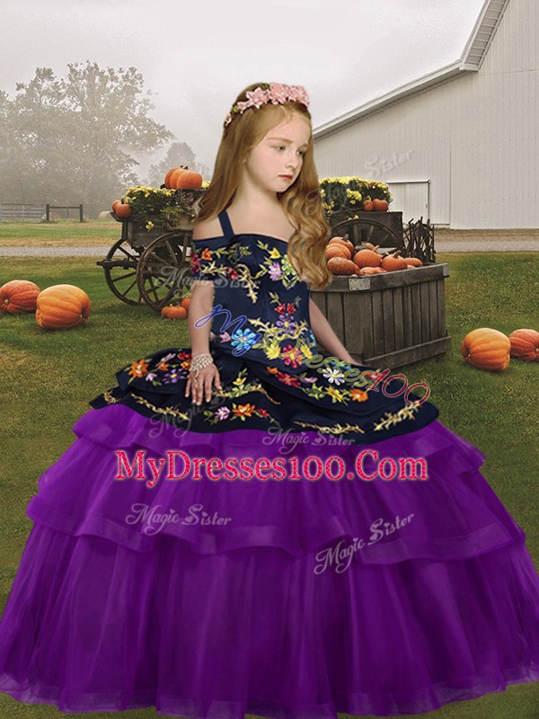 Top Selling Purple Sleeveless Floor Length Embroidery and Ruffled Layers Lace Up Evening Gowns